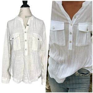 By Together | Women | White Cotton Muslin Classic Essential Popover Top | Large